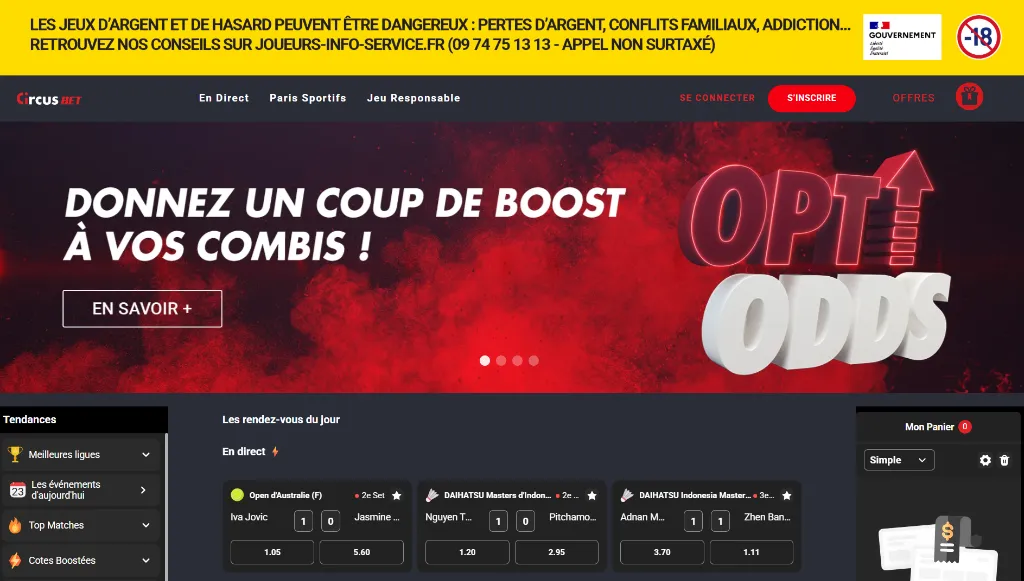 Page d’accueil CircusBet avec paris sportifs, cotes boostées et offres